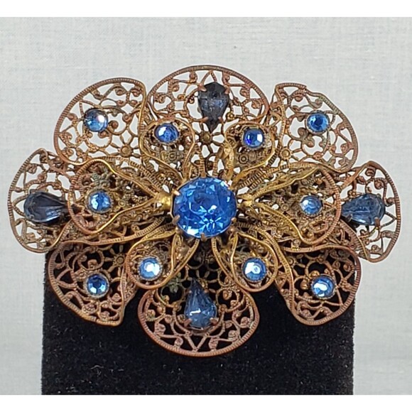 Antique Czech Art Deco Large Blue Glass Gold Tone Filigree Brooch - Picture 10 of 16